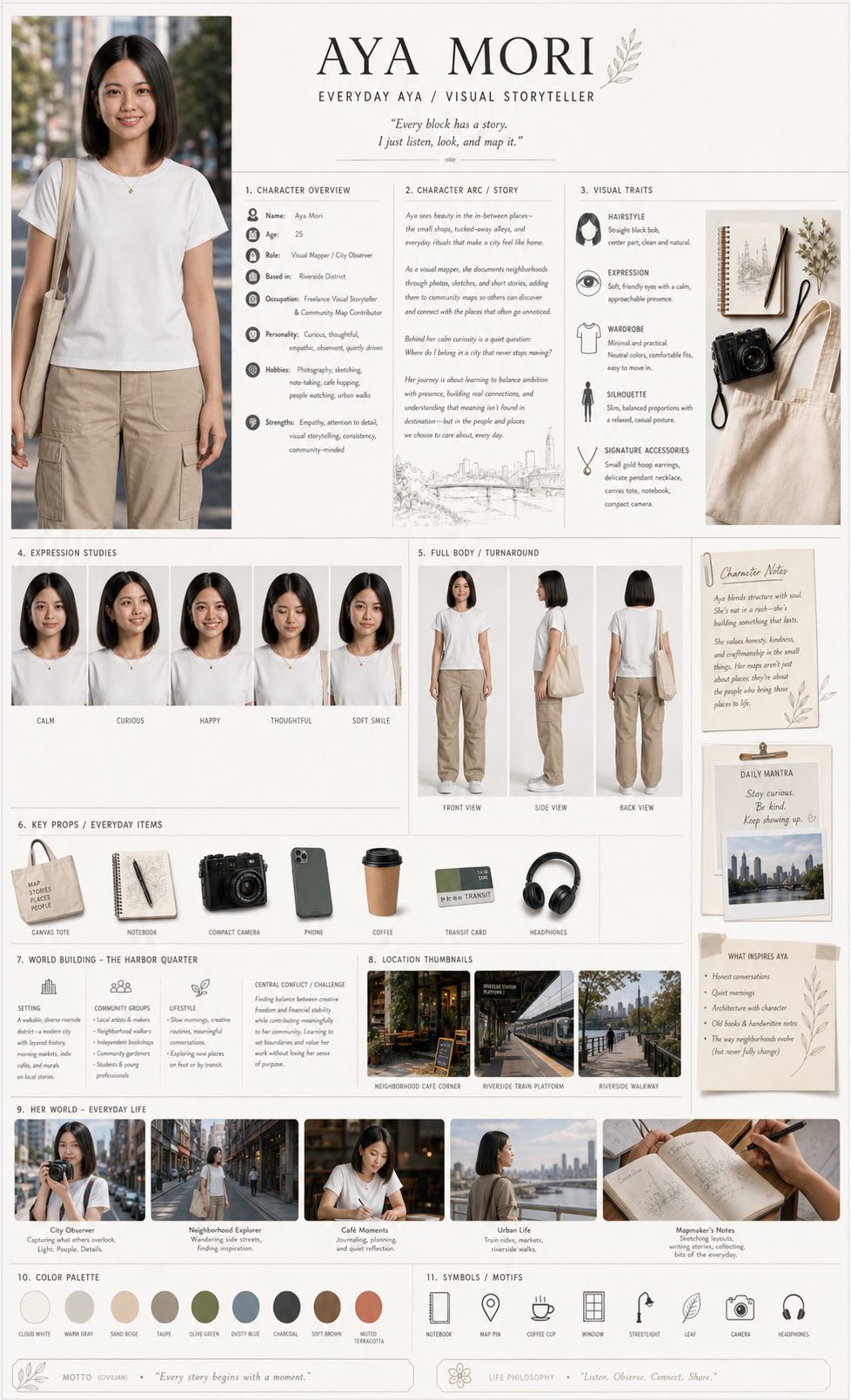 Aya Mori civilian character bible: Visual Storyteller / City Observer.
