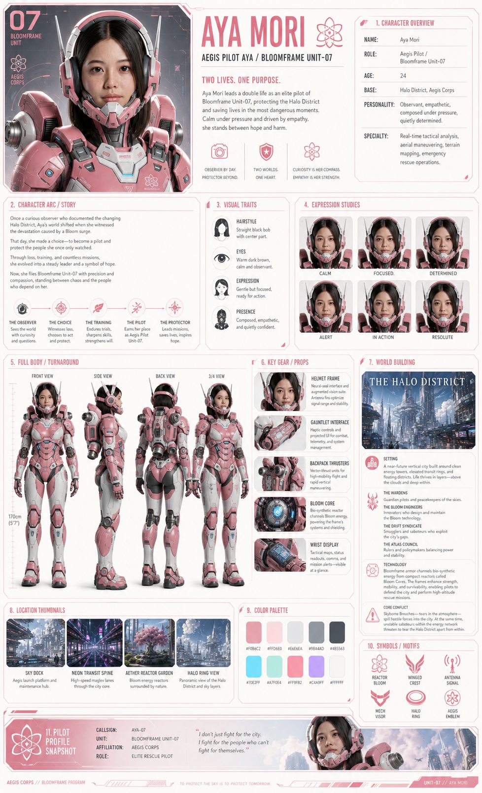 Aya Mori pilot character bible: Aegis Pilot / Bloomframe Unit-07.