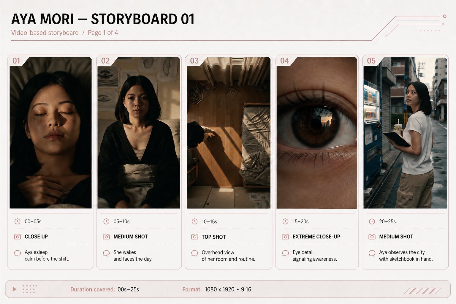 Aya Mori storyboard page 1 — 00s to 25s, civilian life.