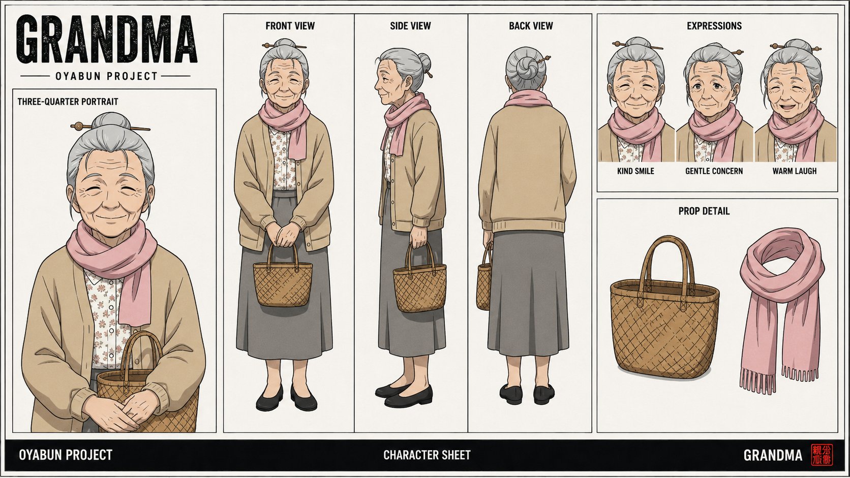 Grandma character sheet — neighbor with silver bun and pink scarf, cardigan, woven basket and scarf prop detail.