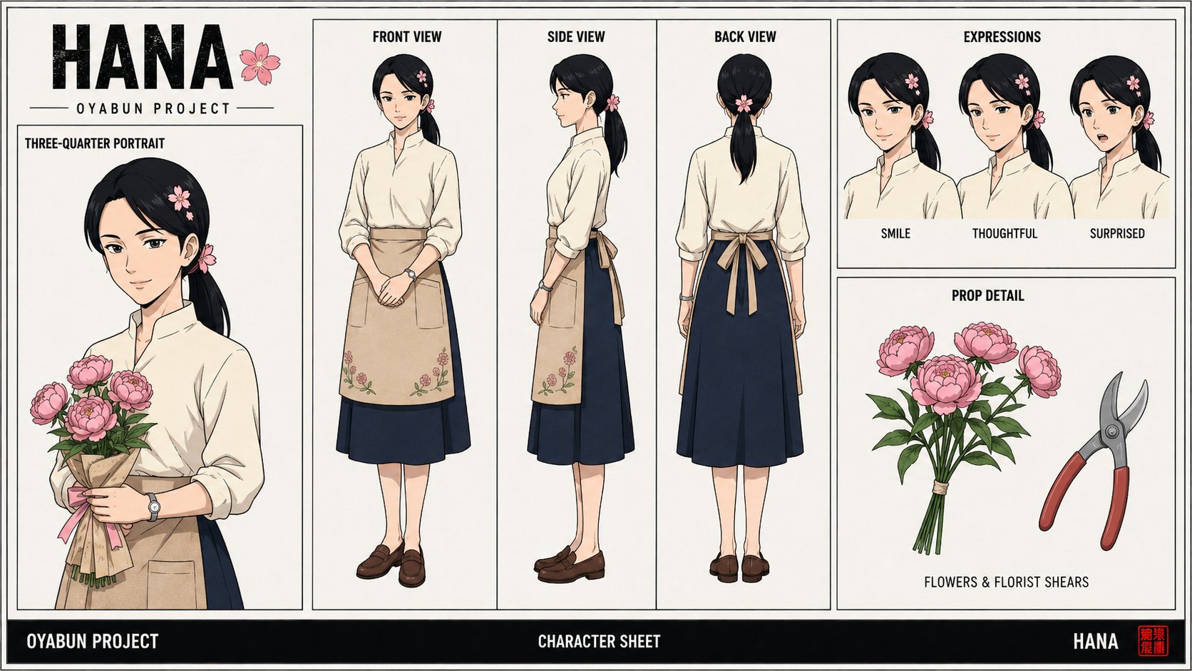 Hana character sheet — the local florist. Black hair with sakura clip, cream blouse, apron, florist shears and peonies prop detail.