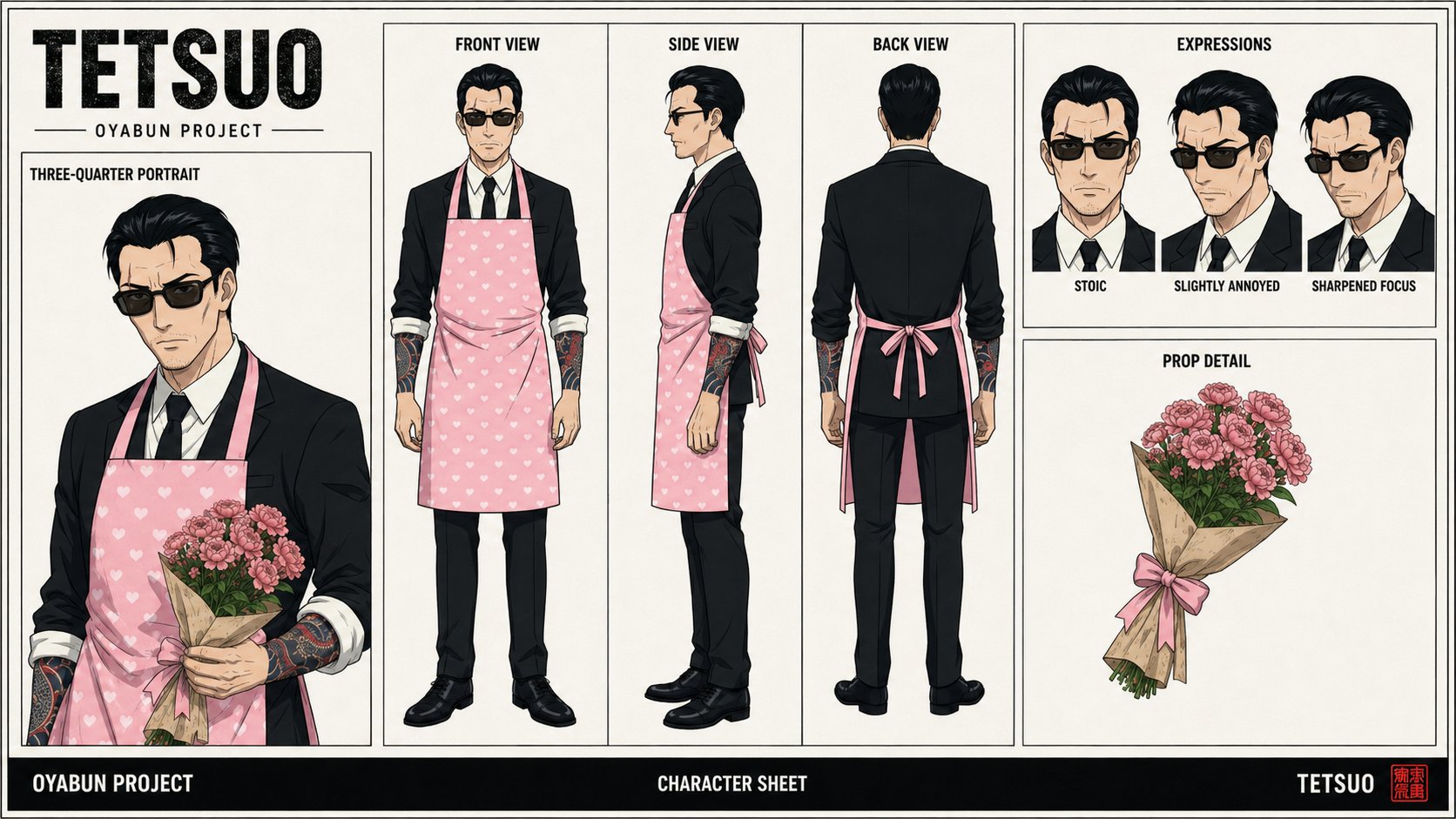 Kenji character sheet — Tetsuo's underling. Sharp undercut, black suit, watering can prop detail.