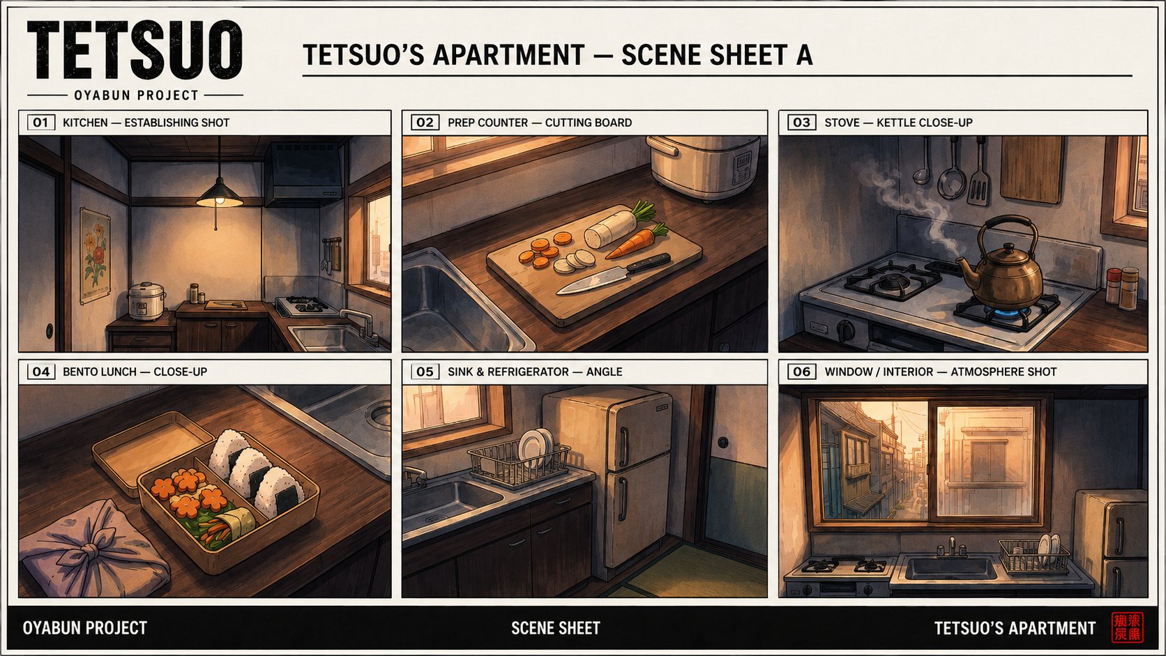 Miu character sheet — schoolgirl with twin braids, sailor uniform, red randoseru, bento box prop detail.