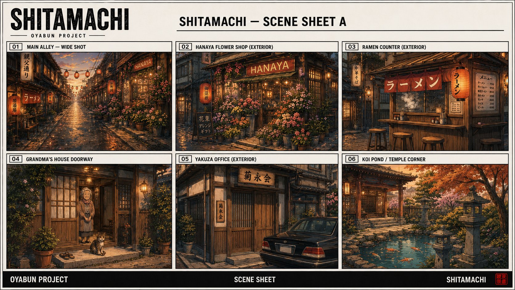 Tetsuo's apartment scene sheet A — kitchen establishing shot, cutting board prep, kettle on the stove, bento lunch, sink and refrigerator, window atmosphere.